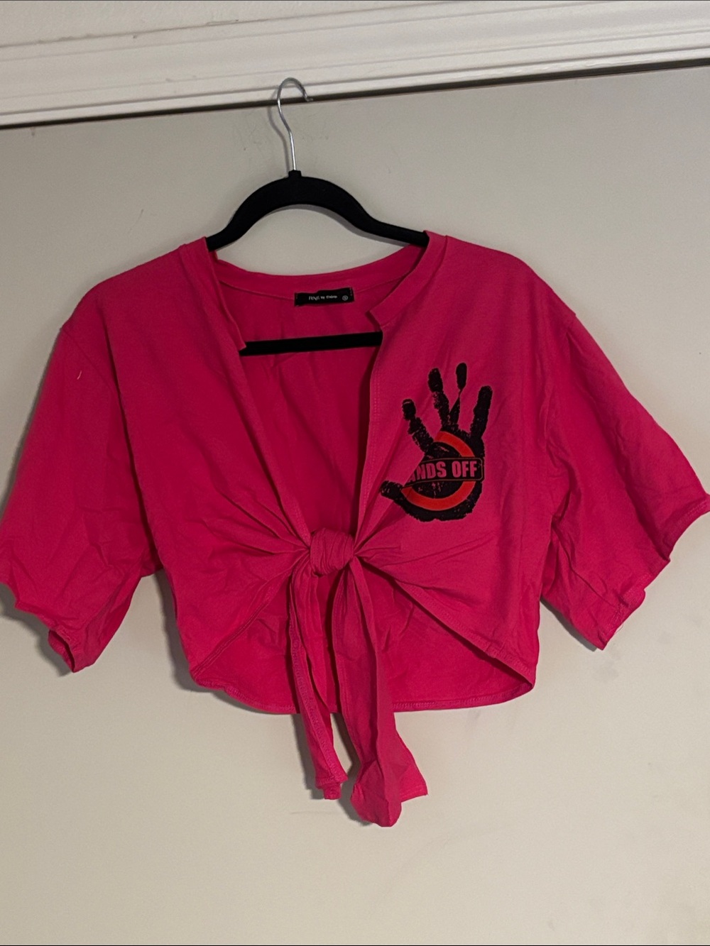 NWOT Cropped Tie-Front Pink Crop Top with Graphic Handprint